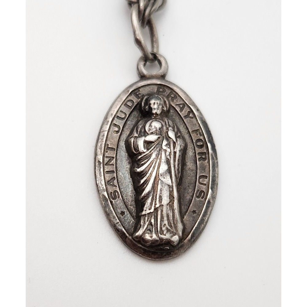 Vintage Sterling Silver Saint Jude Medal Necklace Heavy Rope Chain 22.24g‎ 24"